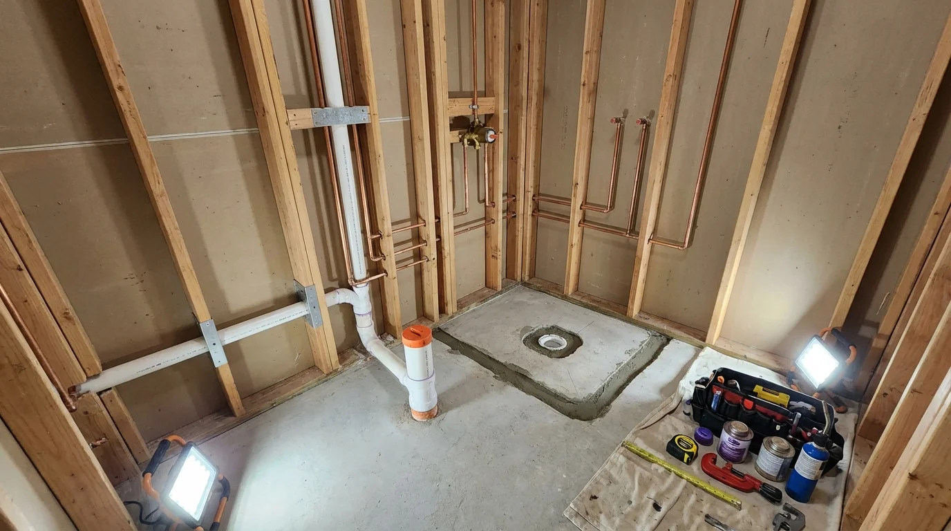 Bathroom rough-in plumbing during remodel by Johns Plumbing LLC in Woodbury Heights