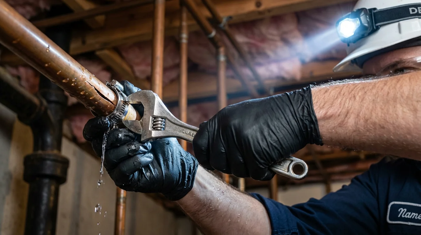 Emergency pipe clamp repair being performed by a Johns Plumbing LLC plumber in Woodbury Heights