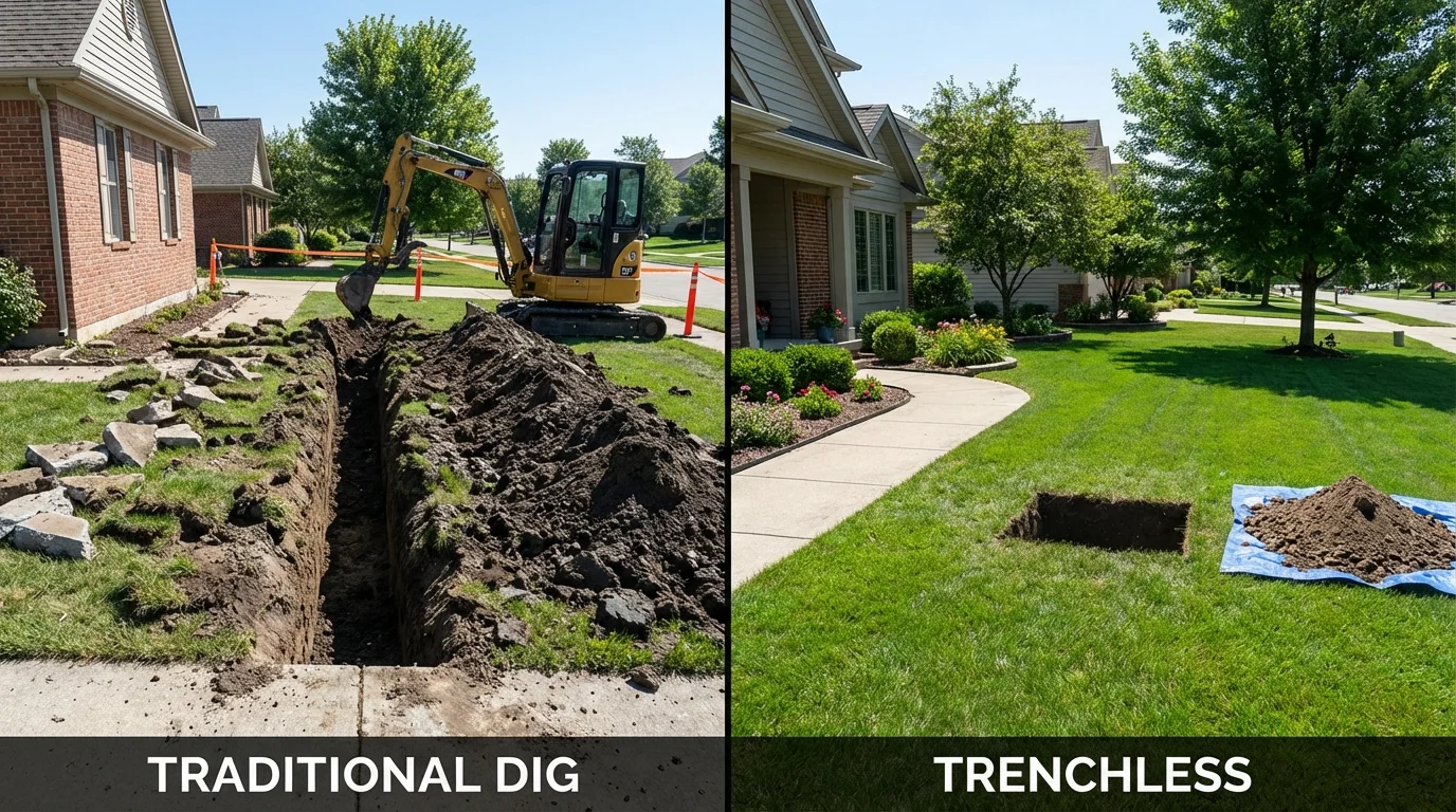 Trenchless sewer repair with minimal yard damage versus traditional excavation in Woodbury Heights, NJ