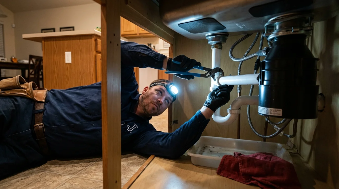 P-trap and supply line connections under a kitchen sink showing a common leak point in Woodbury Heights, NJ